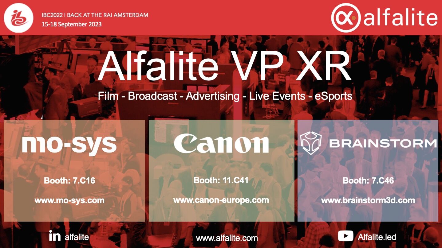 Alfalite en IBC 2023, tendr lugar en el RAI de Amsterdam y destacar sus soluciones en los booths de Canon, Brainstorm y mo-sys 