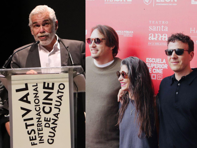 Luis Estrada a la izquierda, recibe el Homenaje Cruz de Plata, por parte del GIFF; a la derecha, Amat Escalante y ca presentan 'Perdidos en la noche'.