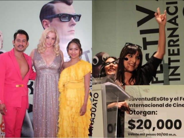 Sarah Hoch junto a actores en la alfombra de clausura, del lado derecho premiacines